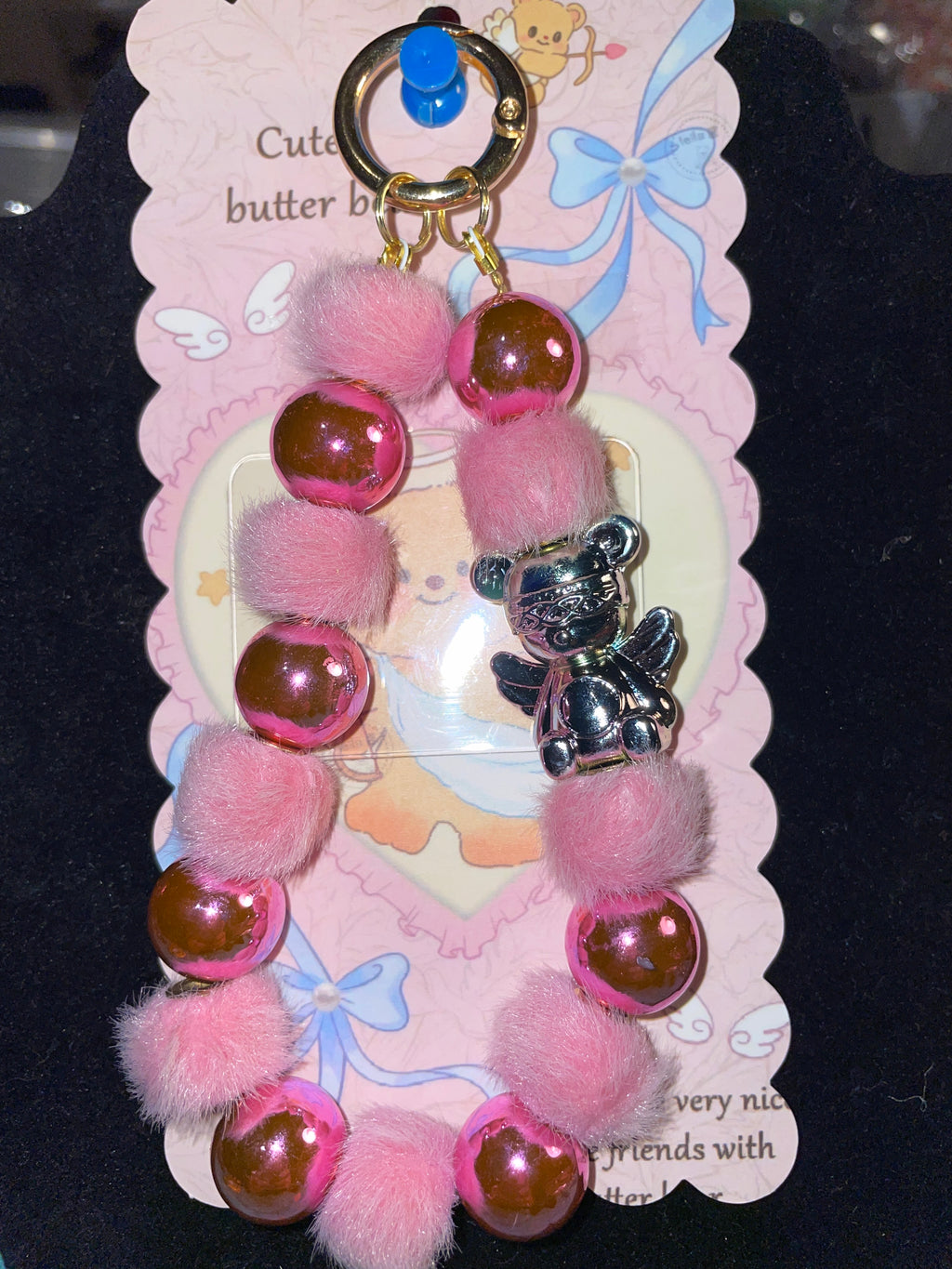 Metallic pink and silver angel bear keychain handmade
