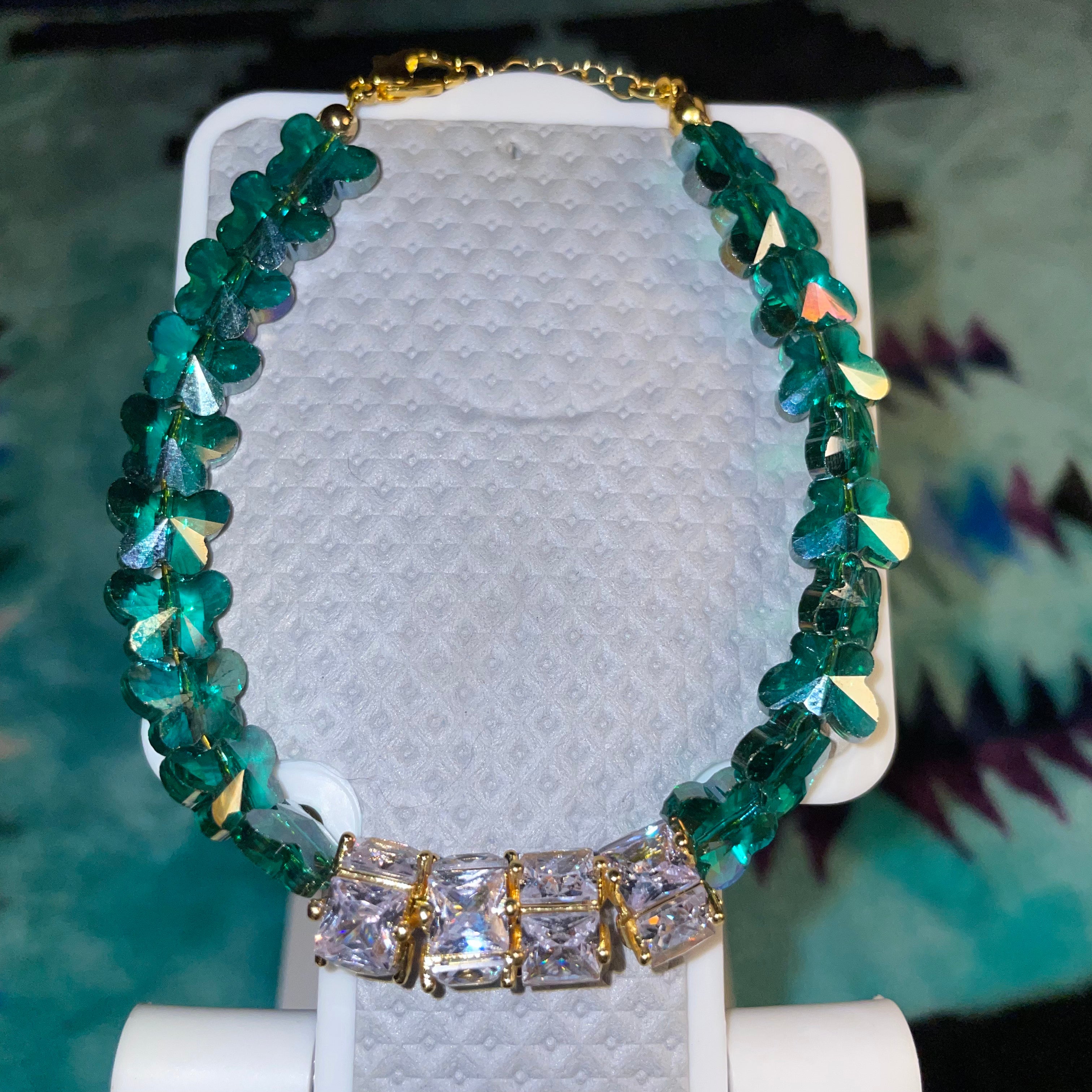 Emerald green butterfly with gold/zircon bracelet