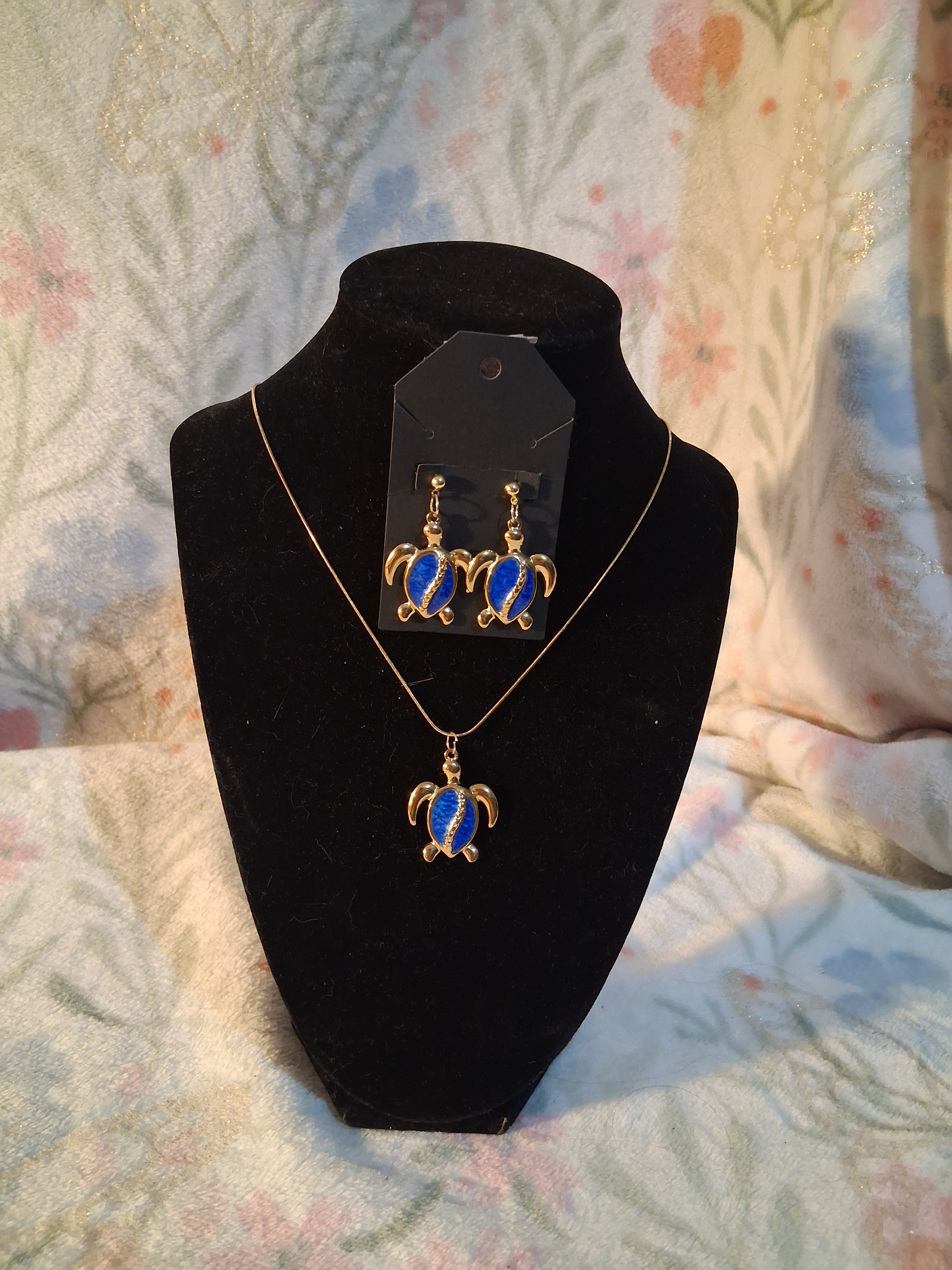 Blue Turtle Necklace and Earrings Set