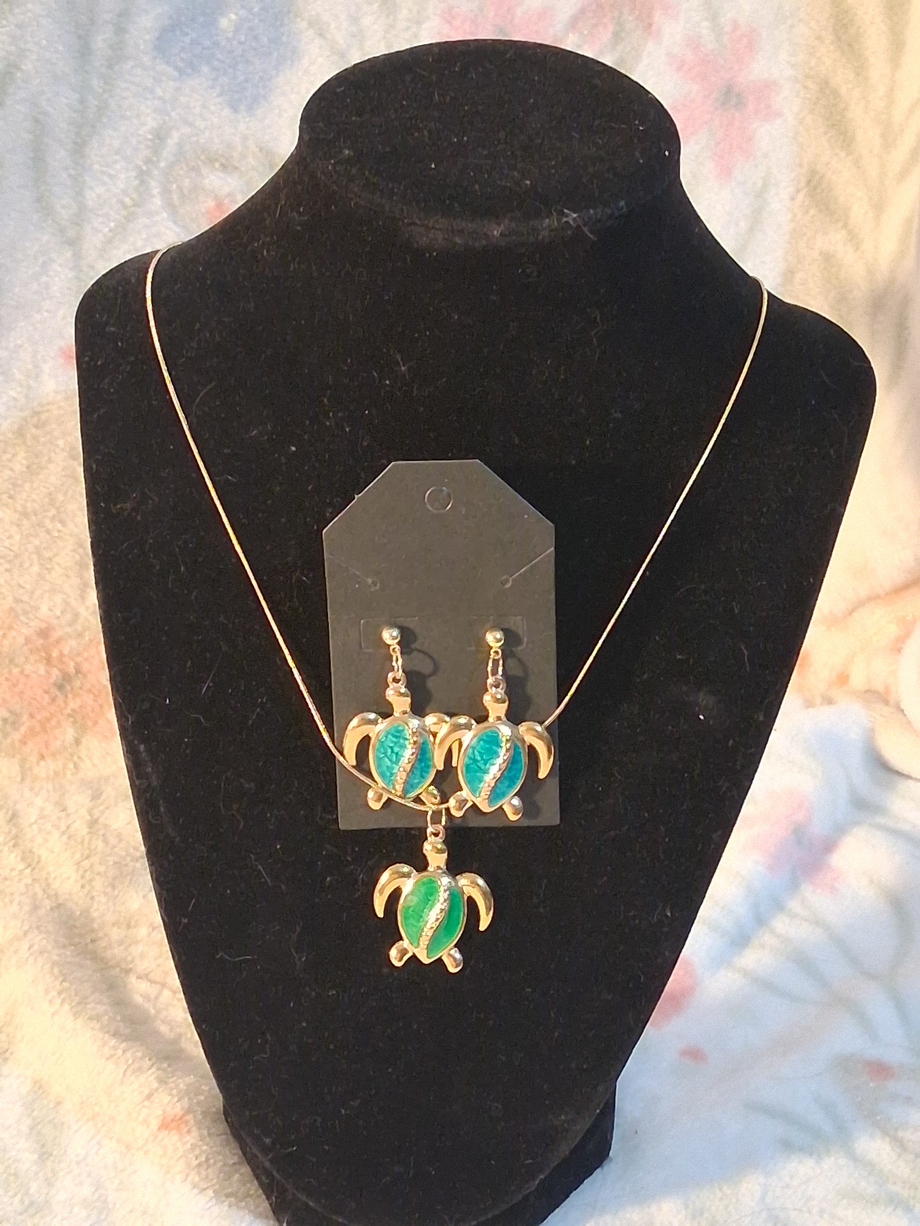 Green Turtle Stainless Steel Necklace and Earrings